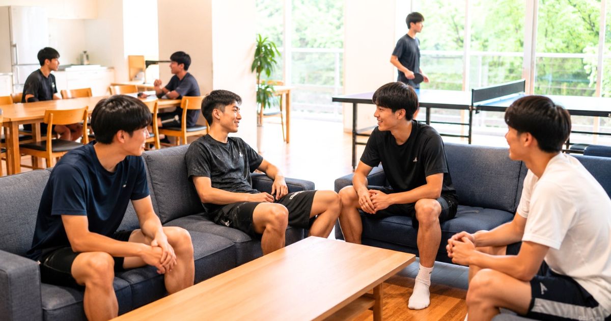 大学サッカー部の寮の共用スペースで日本人の寮生たちがくつろぐ様子