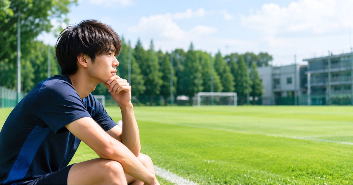 大学サッカー部の寮生活についてグラウンド脇で考える入寮希望者