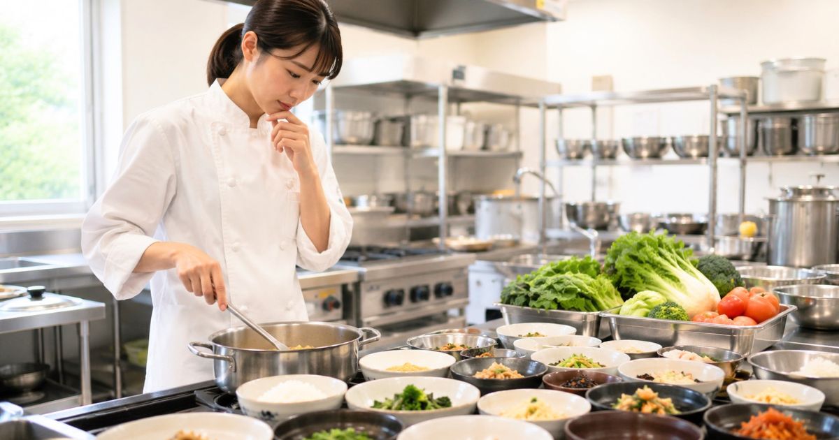 大学サッカー部の寮厨房で管理栄養士がアスリート向けの食事を調理する様子