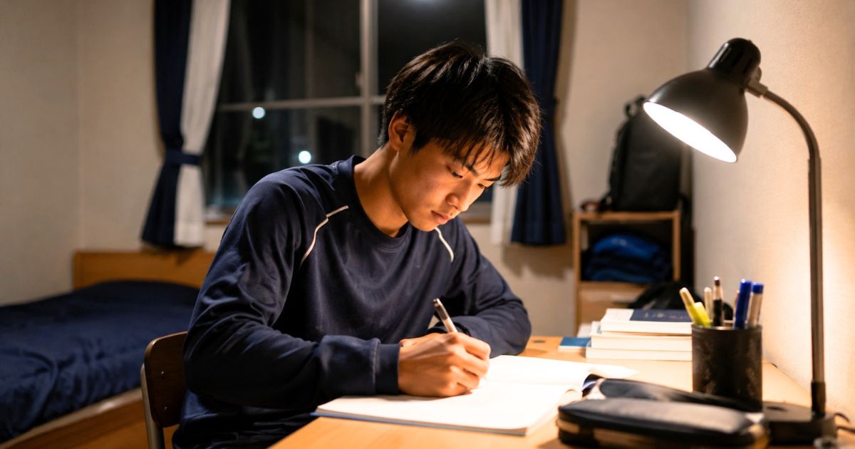 大学サッカー部員が練習後に寮の部屋で机に向かって勉強する様子