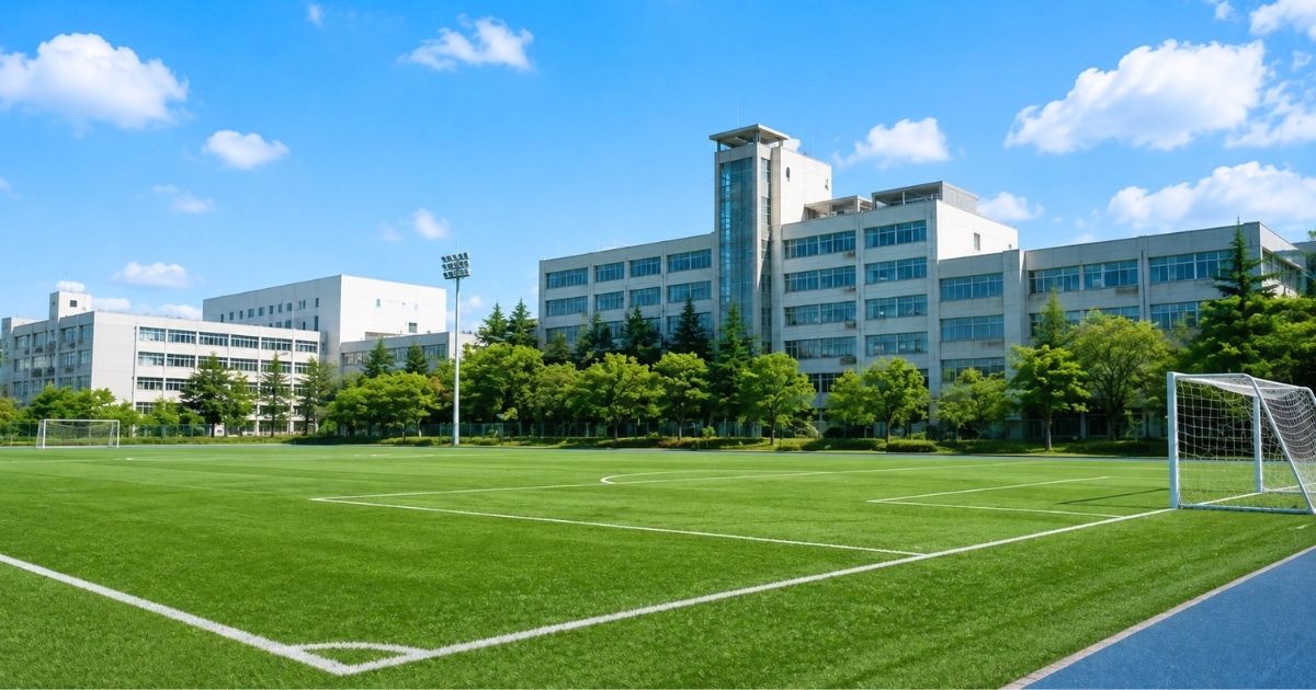 校舎が見える大学のサッカーグラウンドの全景