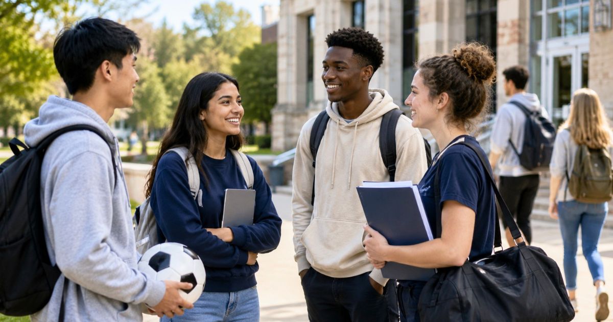 大学キャンパスで留学生や編入生を含む学生たちがサッカーボールを手に交流する様子