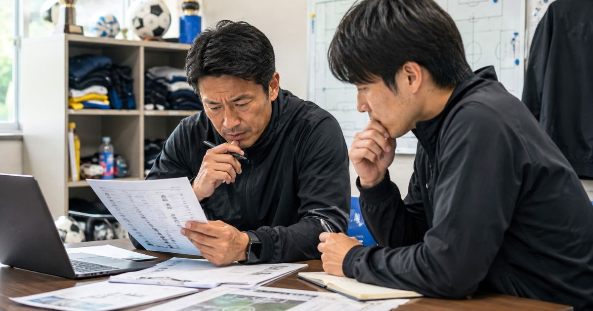 大学サッカー部の監督とコーチが部室で練習参加選手の資料を確認し、入部選考について検討する様子
