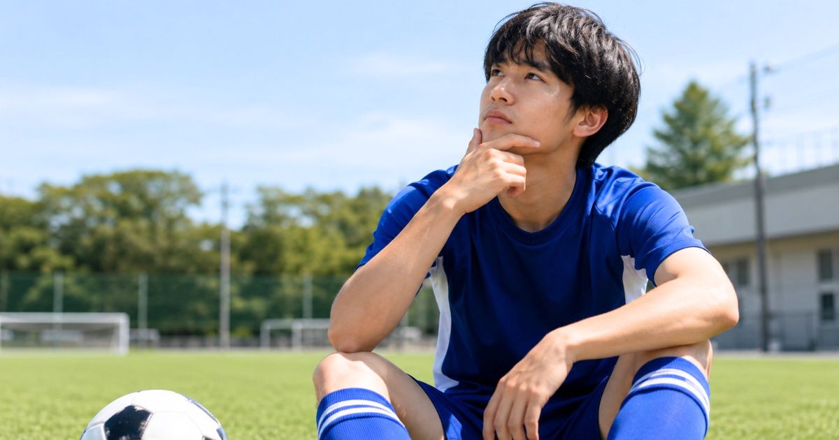 大学サッカーのグラウンドで入部条件や進路について考える男子選手
