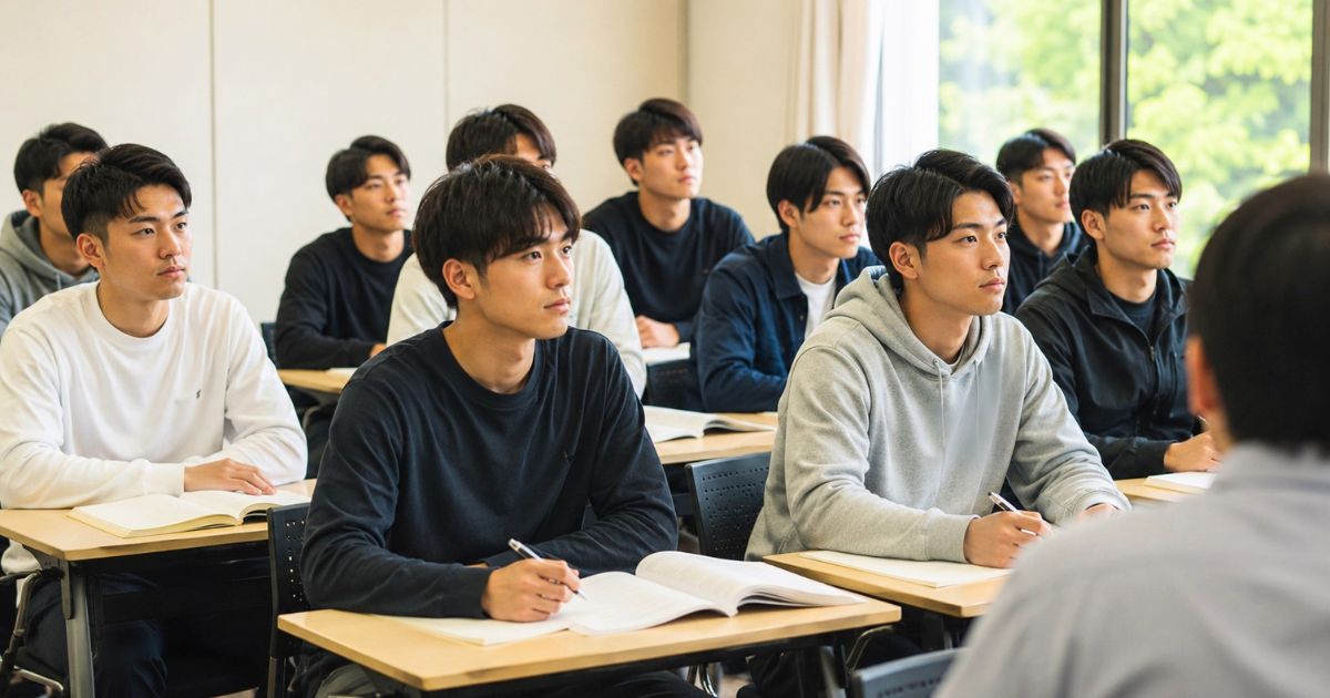 大学の教室で、授業を真剣に受けながらノートを取るサッカー部員たちのイメージ