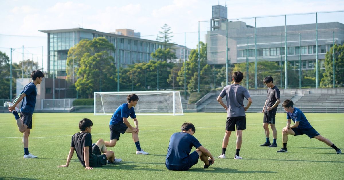 大学サッカーのグラウンドで練習前にストレッチする選手たち