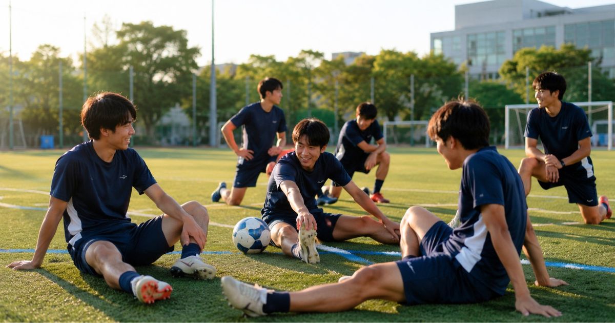 大学のサッカーグラウンドで、練習前にリラックスしながらストレッチする日本人サッカー部員たちのイメージ