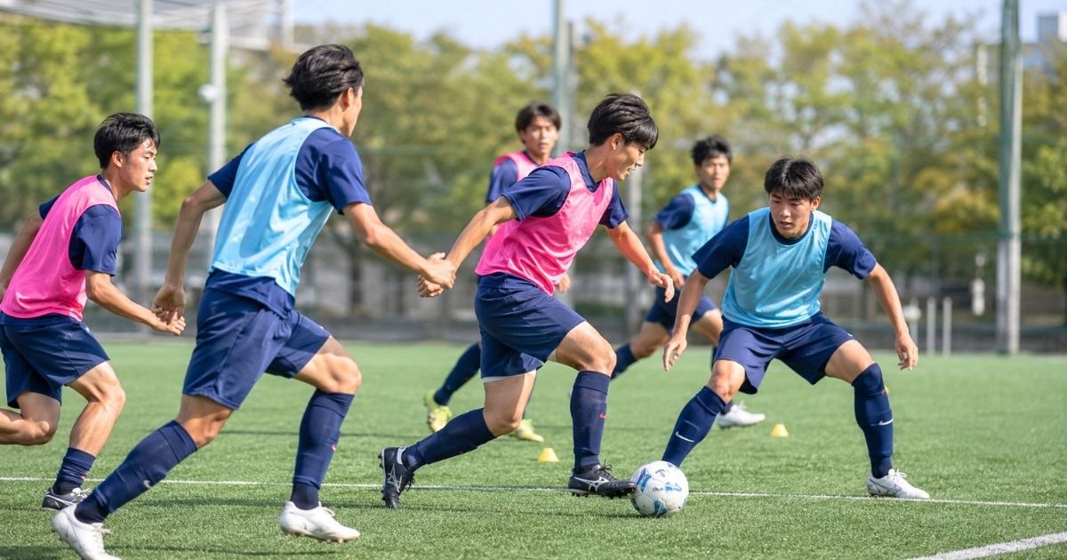 大学サッカーの練習会でビブスを着た選手たちがミニゲームを行う様子