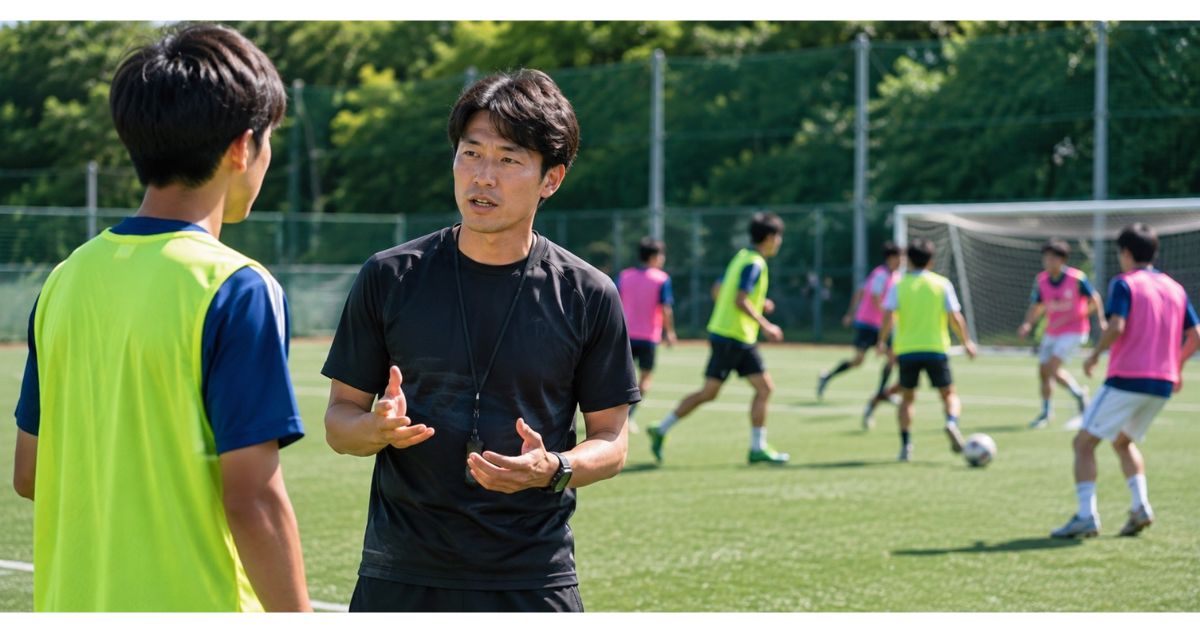 大学サッカーの練習会でビブスを着た入部希望者が、ミニゲームの合間にコーチへ質問する様子