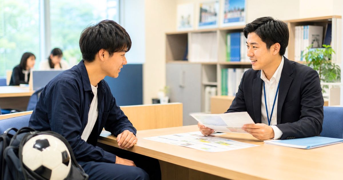 大学の学生課で奨学金について職員に相談する大学サッカー部入部希望者