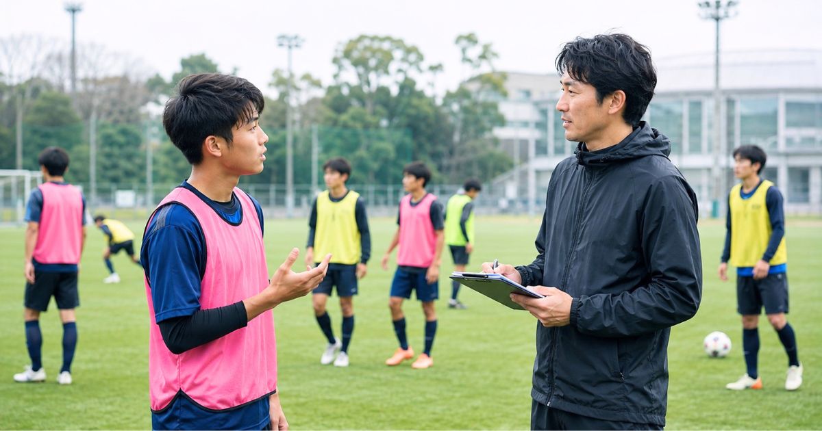 大学サッカー部のセレクション会場でコーチに入部条件を質問する高校生選手
