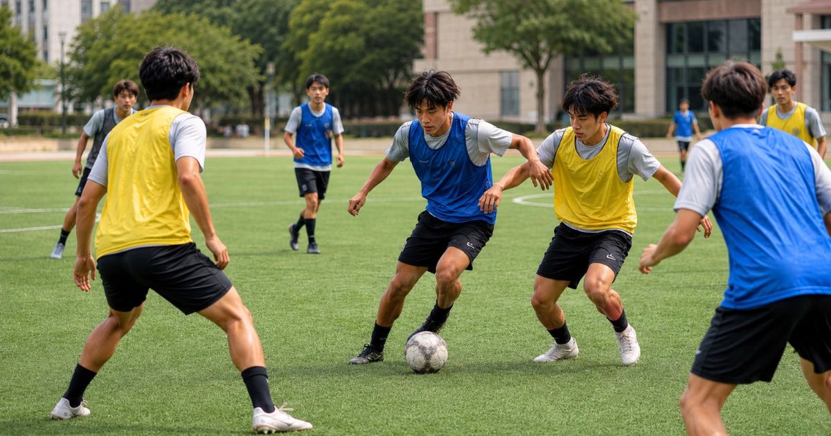 大学サッカーのセレクションでビブスを着た選手たちがミニゲームを行う様子