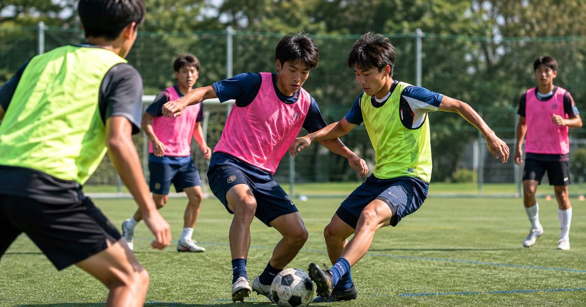 大学サッカーのセレクションでビブスを着た選手同士がボールを競り合うミニゲームの様子