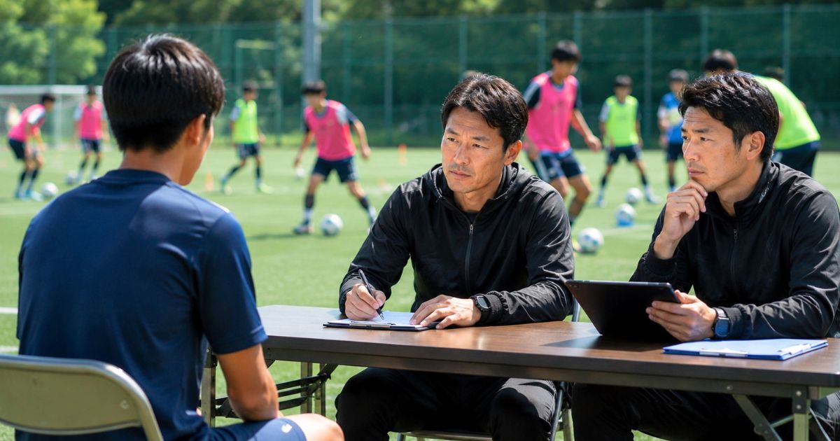 大学サッカーのセレクション会場で、練習参加後の選手と監督・コーチが面談する様子