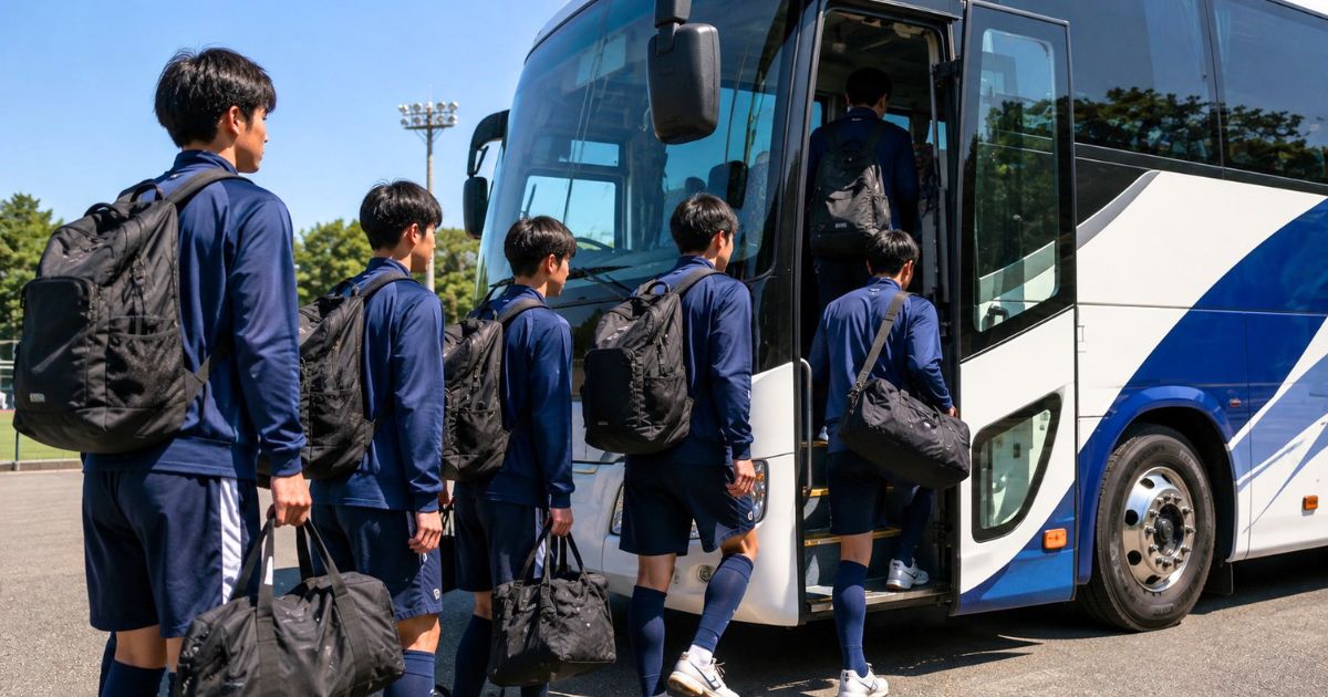 大学サッカー部員が遠征へ出発するため荷物を持ってバスに乗り込む様子
