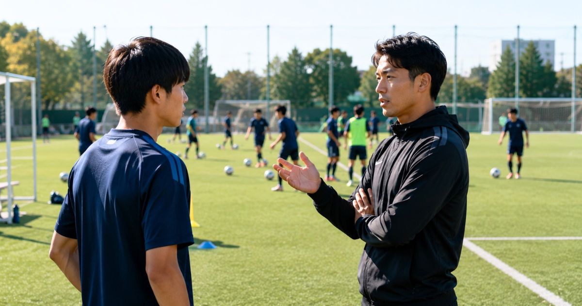 大学サッカー部の練習参加中にグラウンドでコーチから説明を受ける入部希望の高校生