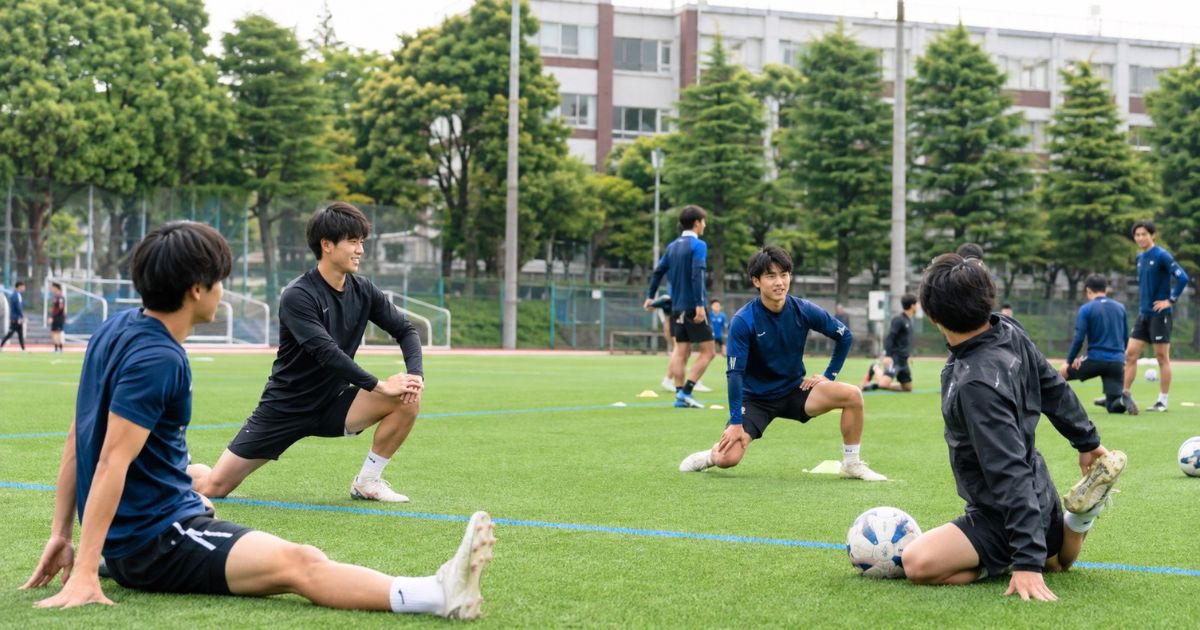 大学サッカー部の選手たちがグラウンドで練習前にストレッチする様子