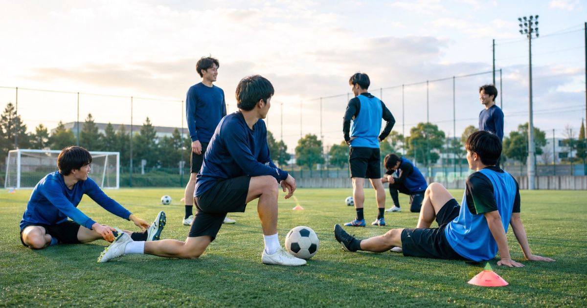 大学サッカー部の練習前にグラウンドでストレッチする選手たち