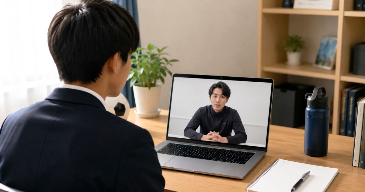 自宅でパソコンを使い大学のスポーツ推薦入試のWEB面接を受ける高校生