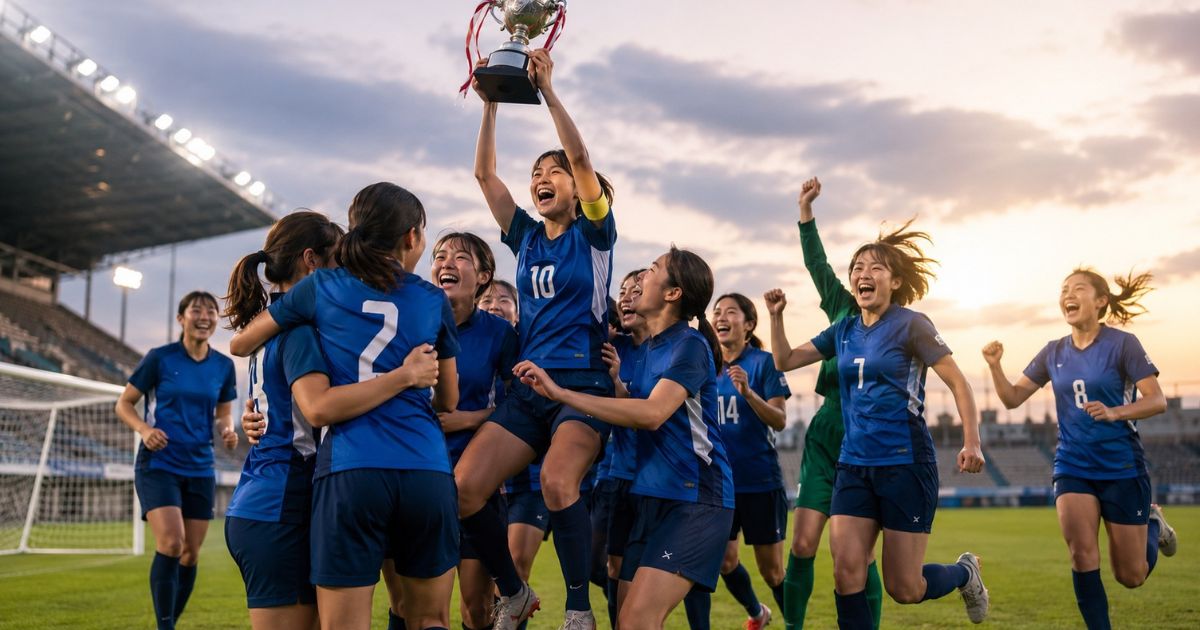 大学女子サッカーの大会で優勝し、トロフィーを掲げて喜ぶ女子大学生選手たち