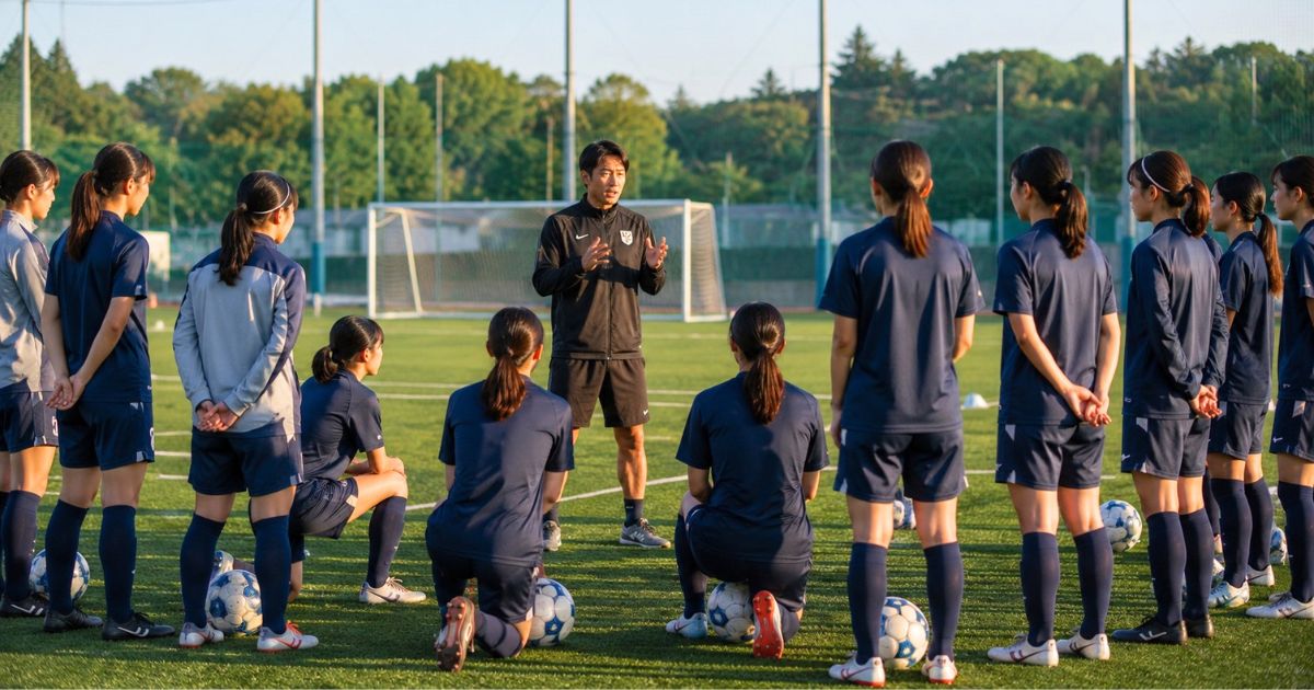 大学女子サッカー部の練習前に、グラウンドでコーチの説明を聞く女子大学生選手たち