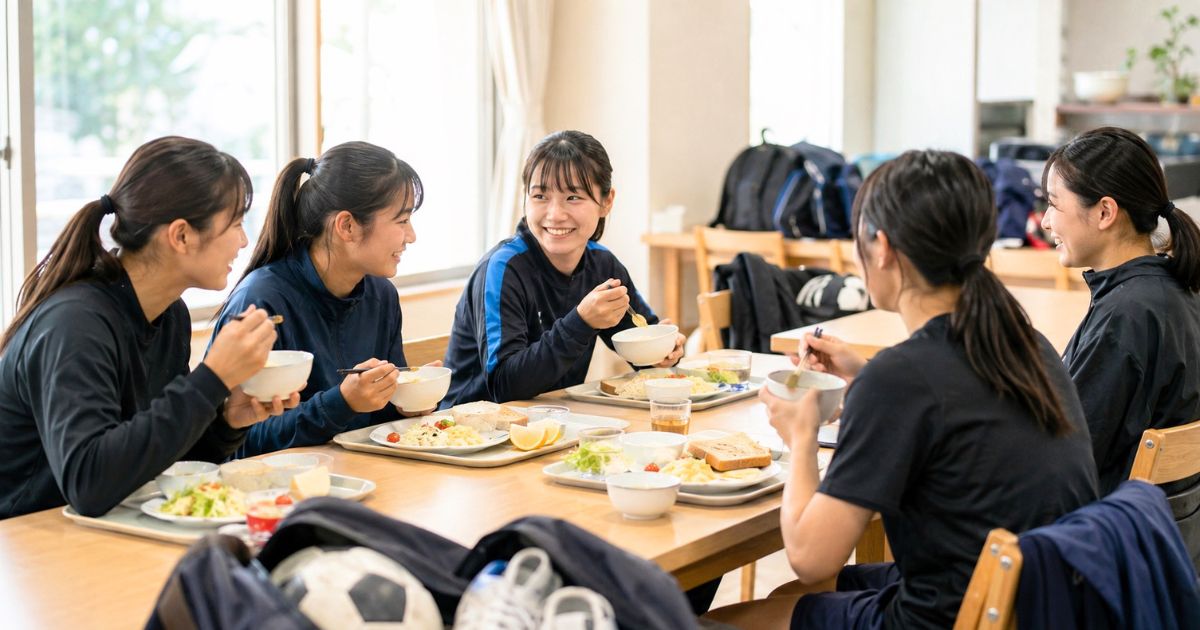 大学女子サッカー部の寮の食堂で、朝食をとりながら談笑する女子大学生選手たち