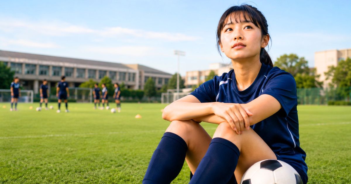 大学のサッカーグラウンドで、女子サッカーの進学や強豪大学について考える女子選手