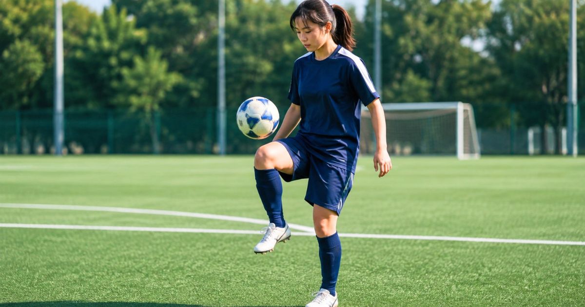 大学女子サッカー部のグラウンドで、リフティング練習をする女子大学生選手
