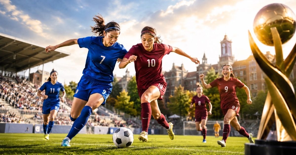 大学女子サッカーの試合で、青とえんじのユニフォームを着た選手がボールを競り合う様子