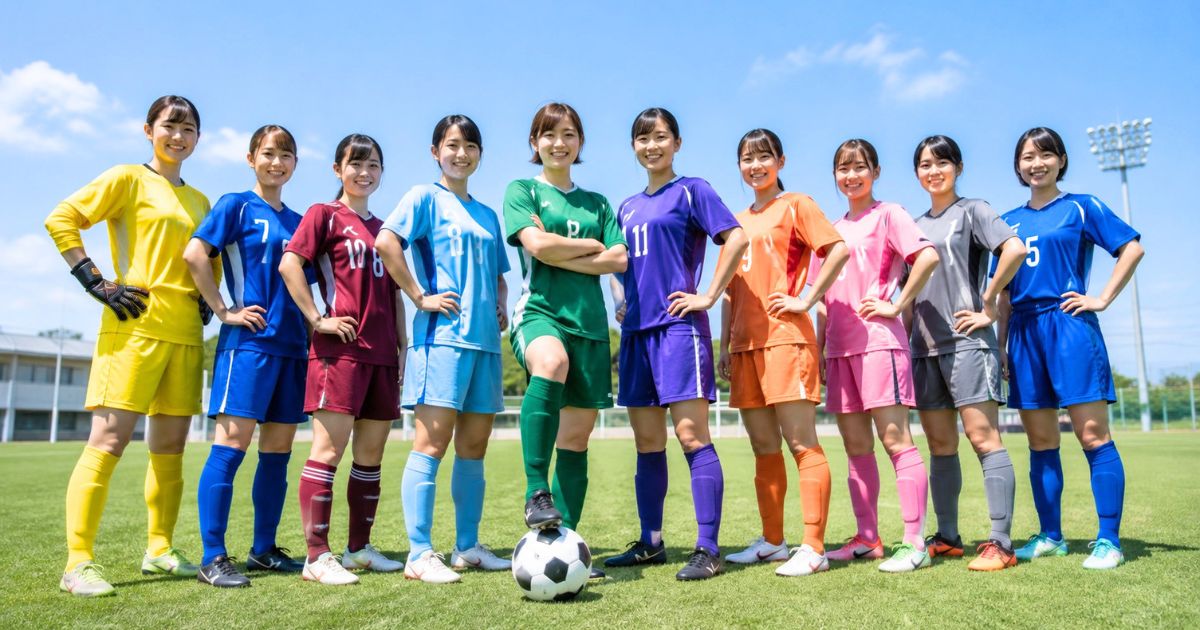サッカーグラウンドに並ぶ、さまざまなユニフォームを着た女子大学生サッカー選手