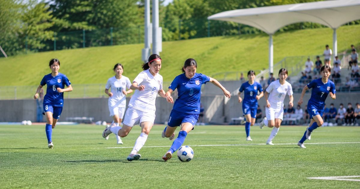 大学女子サッカーの地域リーグで、青と白のユニフォームを着た選手がボールを競り合う試合風景