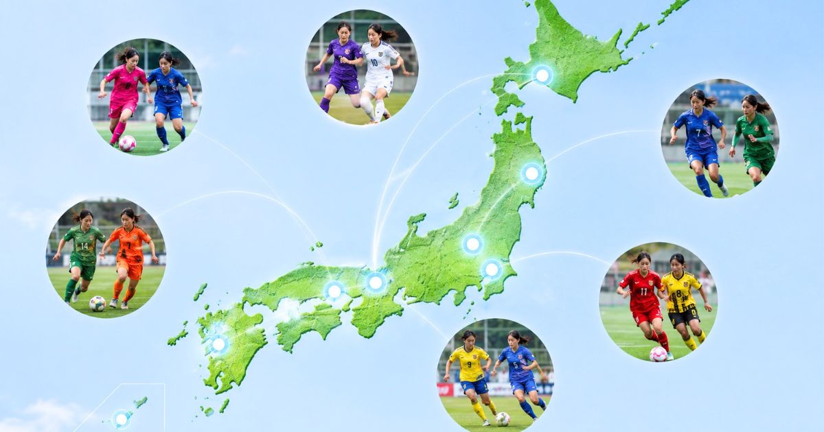 日本地図と各地域でプレーする女子大学生サッカー選手を組み合わせた、地域別の女子サッカー強豪大学イメージ