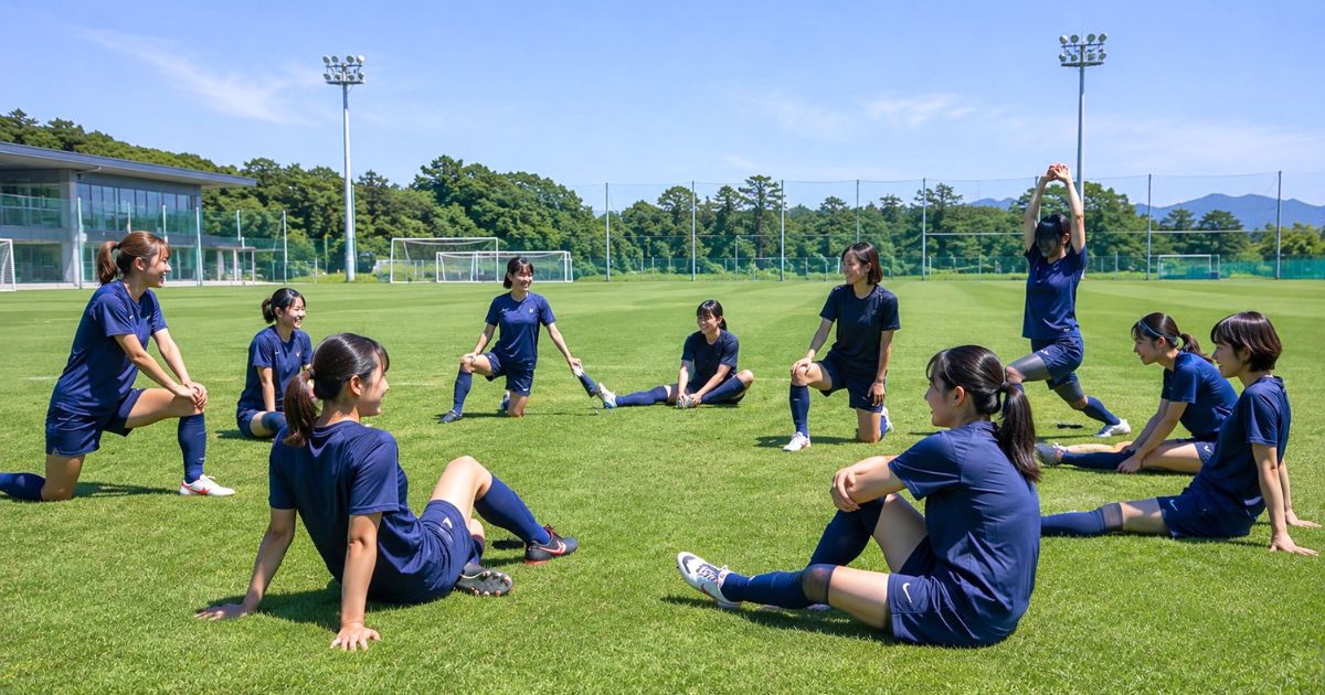 大学女子サッカー部の専用グラウンドで、練習前にストレッチする女子大学生選手たち