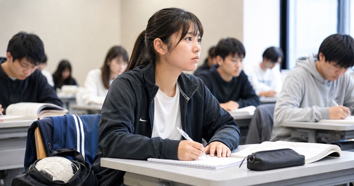 大学の教室で授業を受けながらノートを取る女子サッカー部員