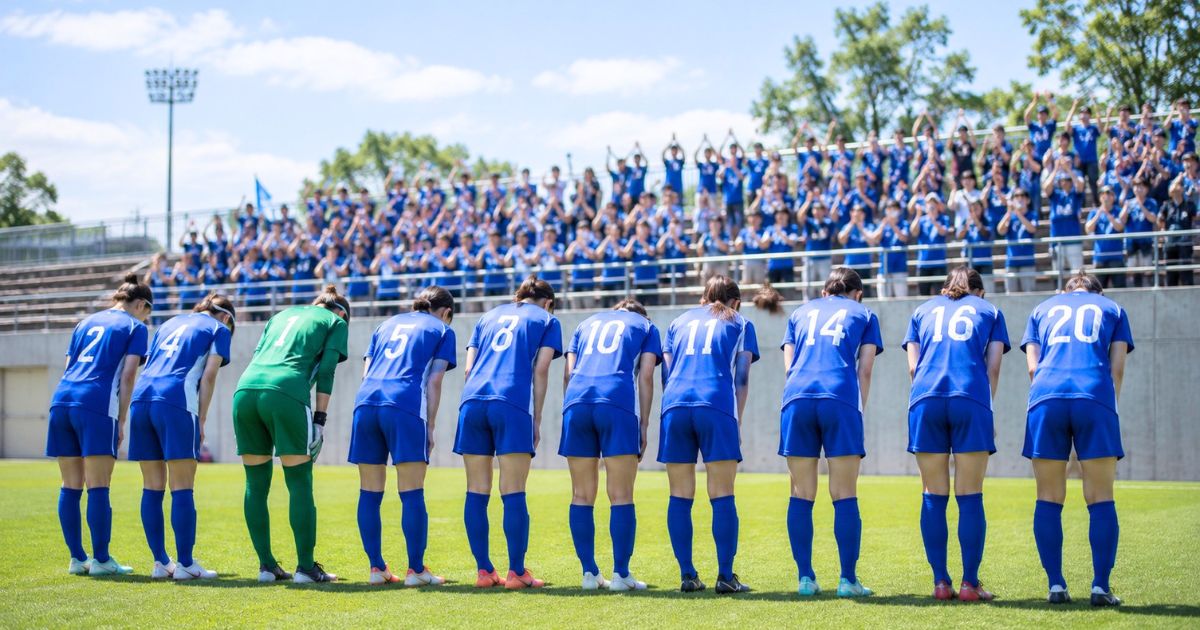 大学女子サッカー部の公式戦後、応援席に向かって一列で挨拶する女子大学生選手たち