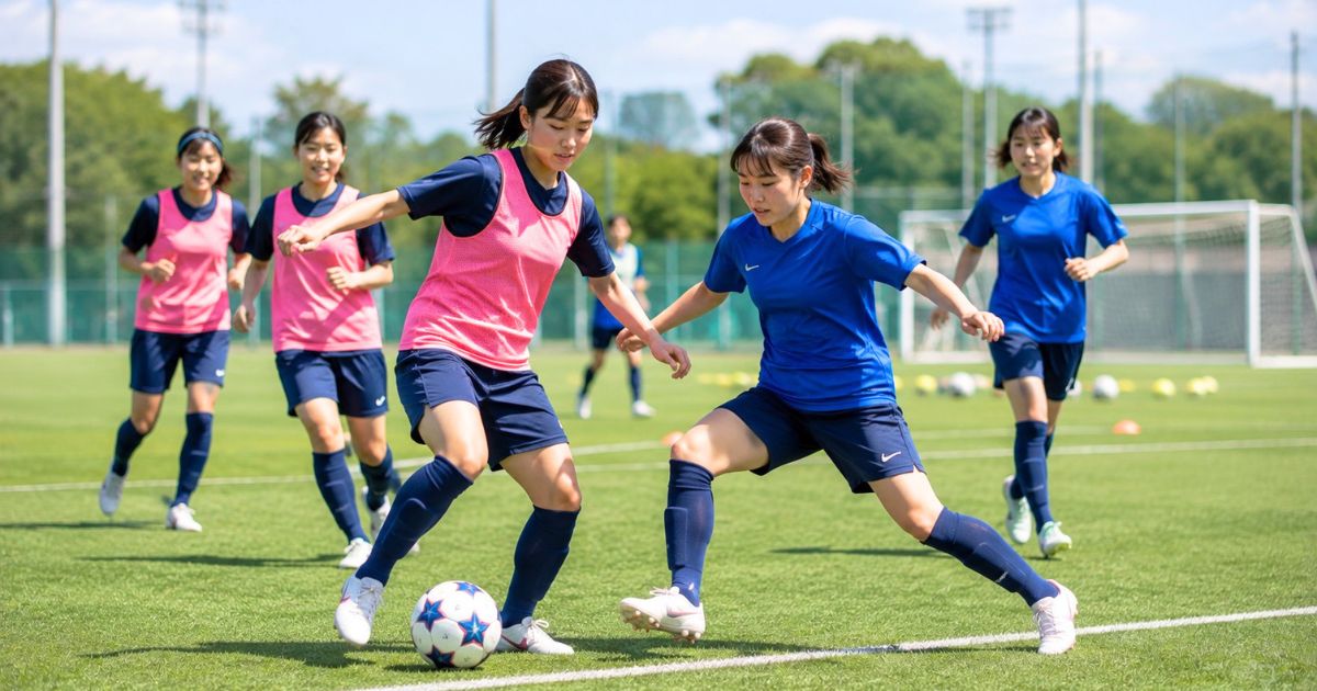 大学女子サッカー部の練習で、ボールを奪い合う女子大学生選手たち