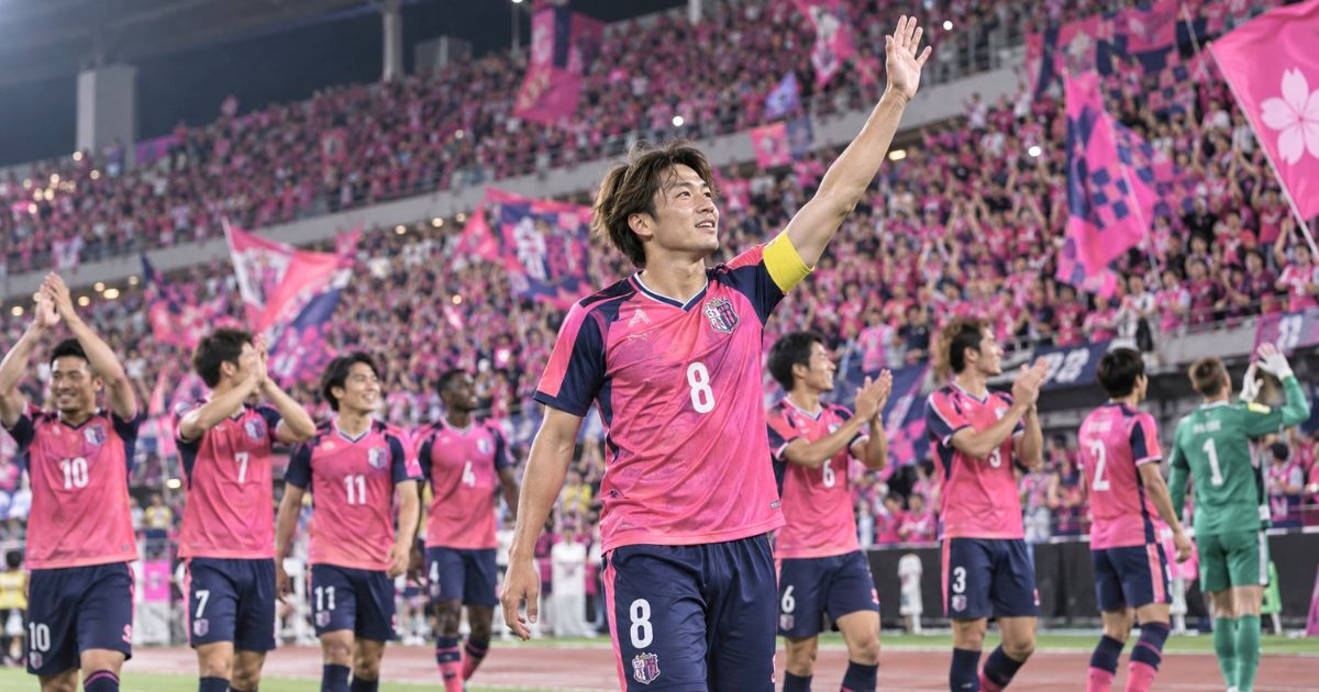 試合後に応援席へ向かうセレッソ大阪の選手たちの中で、背番号8の選手を中心にした歓喜のシーン