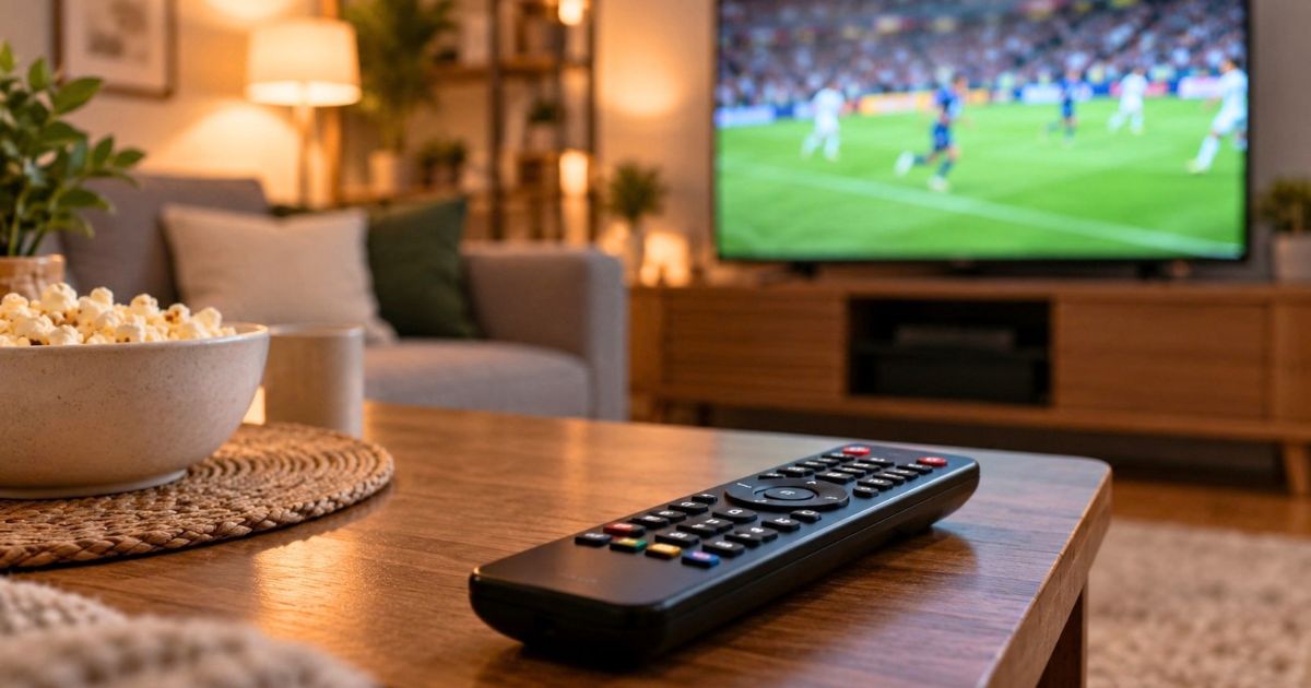 リビングのテーブルに置かれたテレビリモコンと、海外サッカーの試合が映る大型テレビ