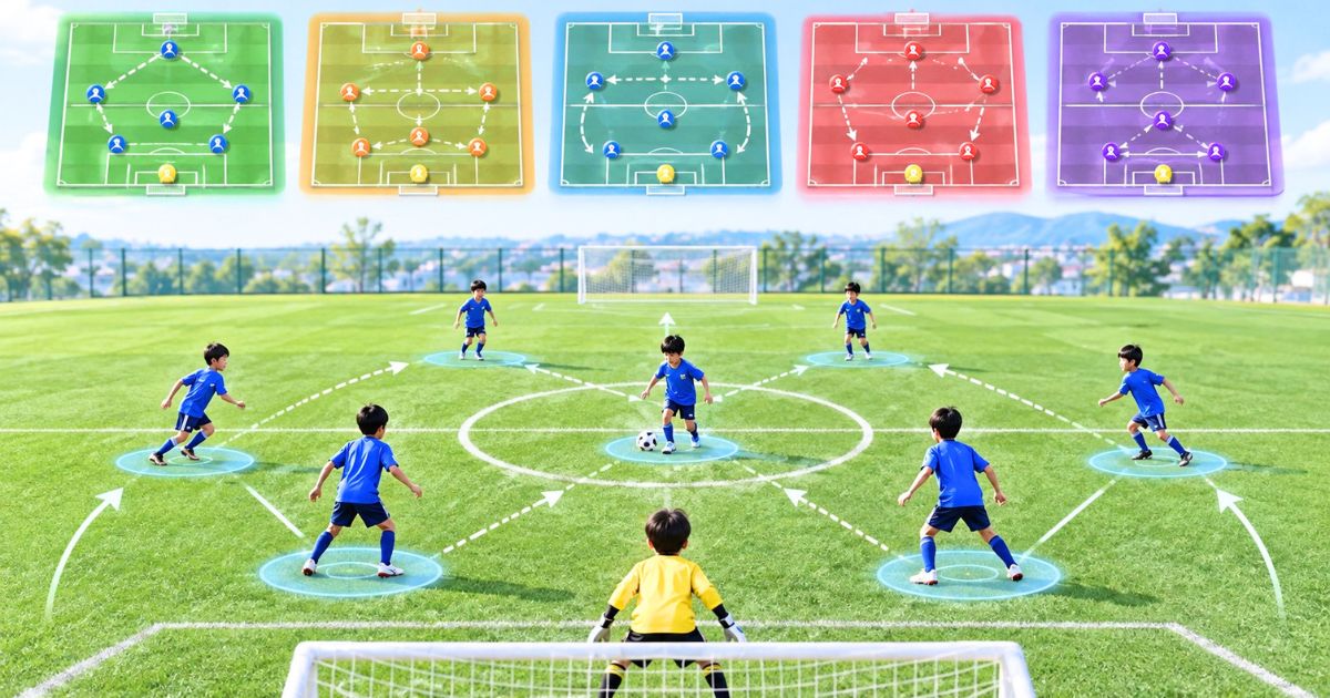 8人制サッカーの5つのフォーメーションを、ピッチ上の子ども選手の配置と動き、上部の戦術図で示したイメージ