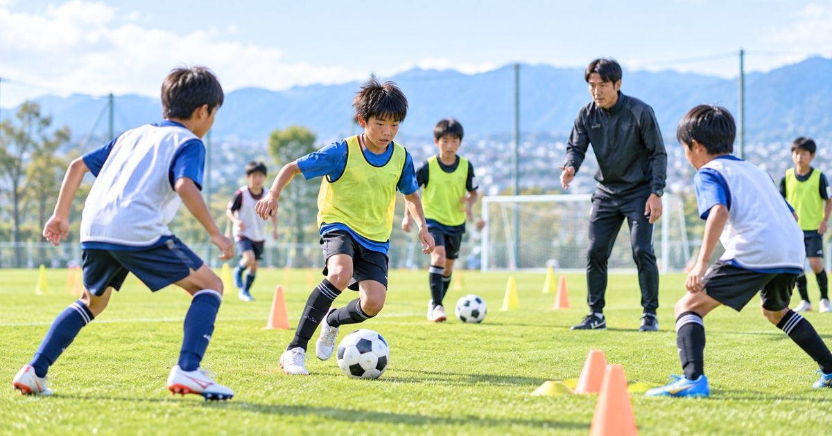 芝生のグラウンドで、コーチが見守る中、小学生年代のトレセン選手たちがビブスを着て実戦形式の練習をする様子