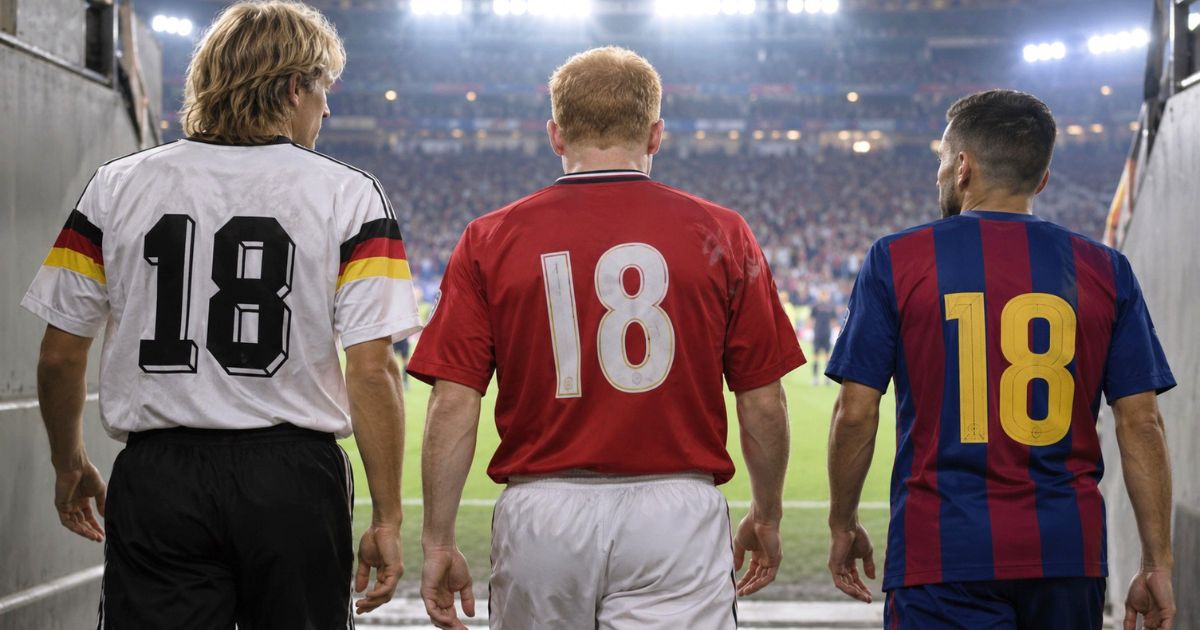 ドイツ代表風、マンチェスター・ユナイテッド風、FCバルセロナ風の背番号18ユニフォームを着た3人のサッカー選手の後ろ姿