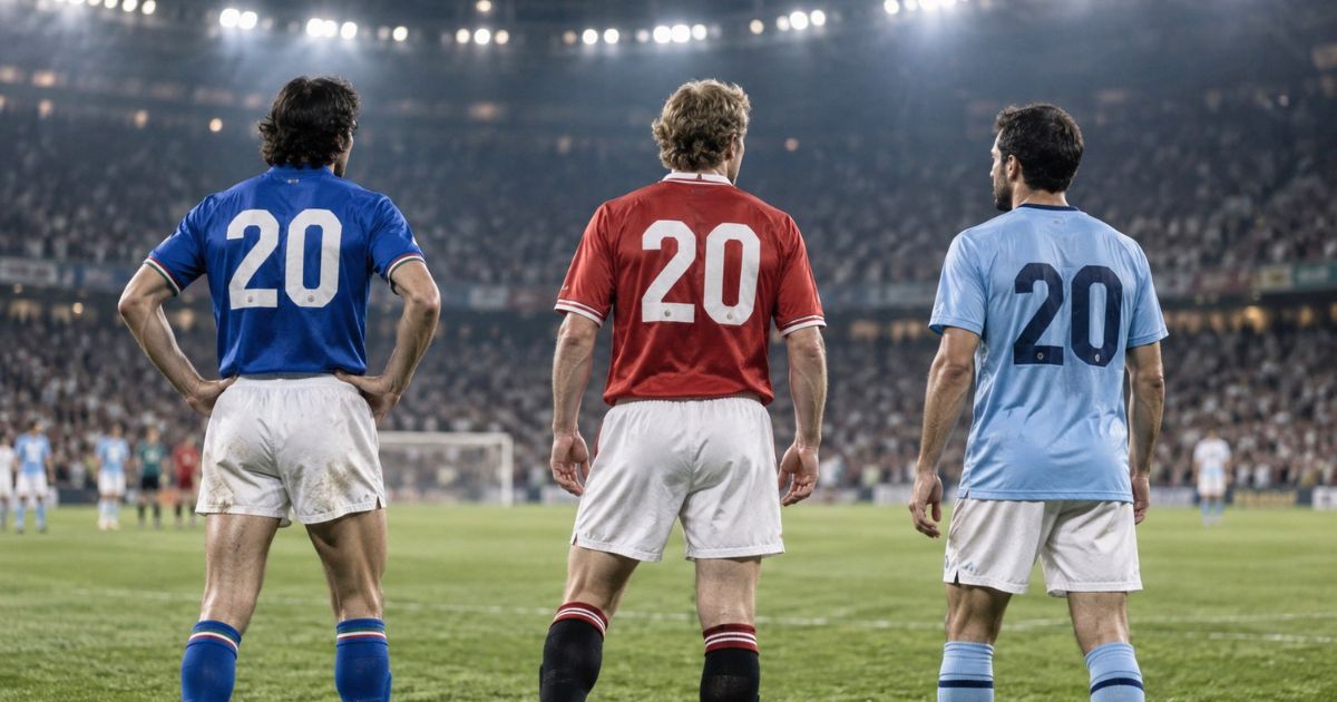 ピッチに立つ背番号20の海外サッカー選手3人の後ろ姿を描いたイメージ