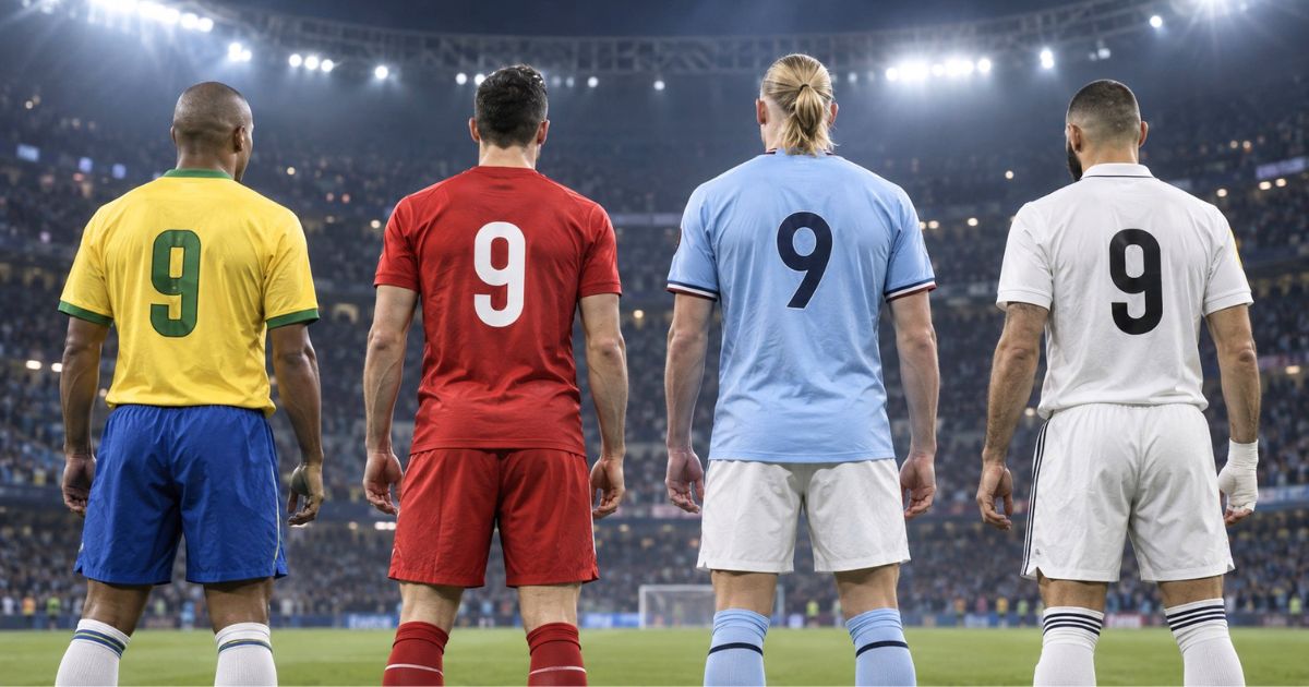 ブラジル代表や欧州クラブで背番号9を着けた4人のサッカー選手の後ろ姿