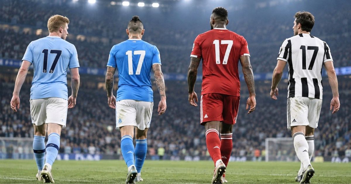 背番号17のユニフォームを着た4人のサッカー選手が、スタジアムのピッチを歩く後ろ姿
