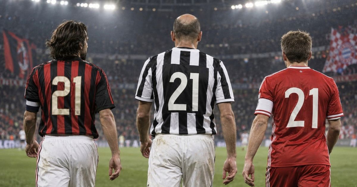 背番号21のユニフォームを着た海外サッカー選手たちが、スタジアムで後ろ姿を見せて並ぶ様子
