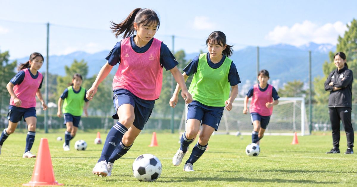 芝生のグラウンドで、コーチが見守る中、女子トレセン年代の選手たちがビブスを着てボールを使った練習をする様子