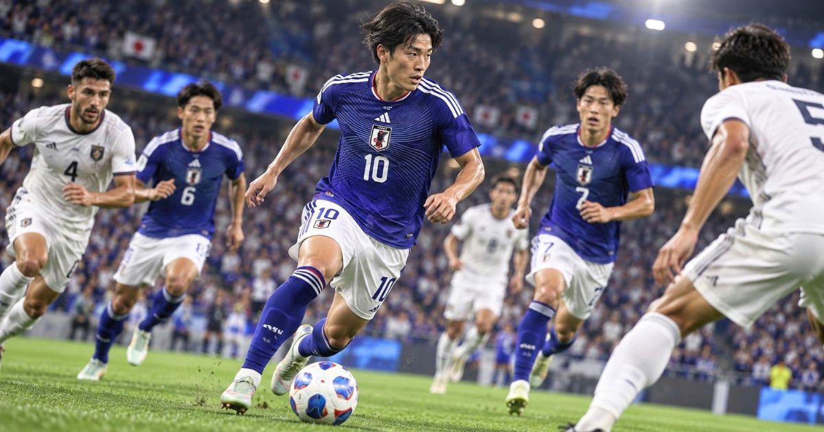 2026年モデルの青いユニフォームを着て公式戦を戦うサッカー日本代表の試合イメージ
