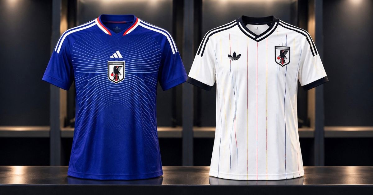 2026年サッカー日本代表の青いホームユニフォームと白いアウェイユニフォームを並べた比較イメージ
