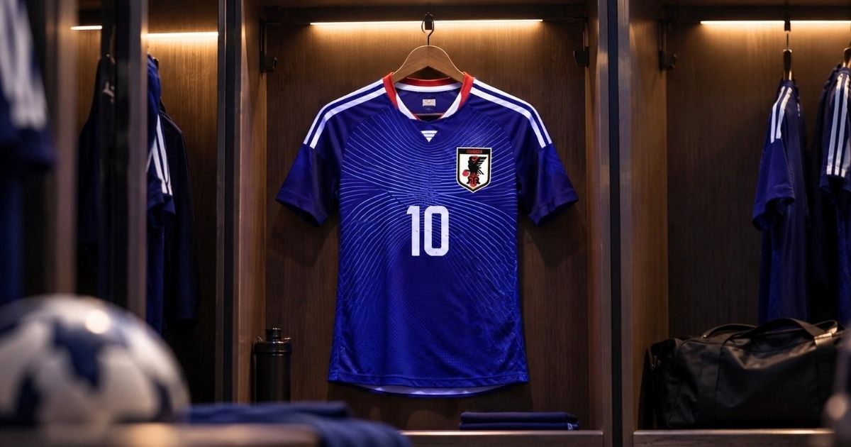 ロッカールームに掛けられたサッカー日本代表の青い10番ユニフォーム