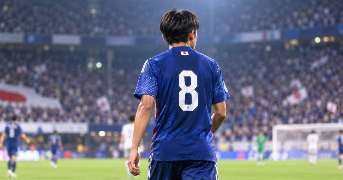 日本代表のユニフォームで背番号8を着けたサッカー選手の後ろ姿とスタジアムの風景